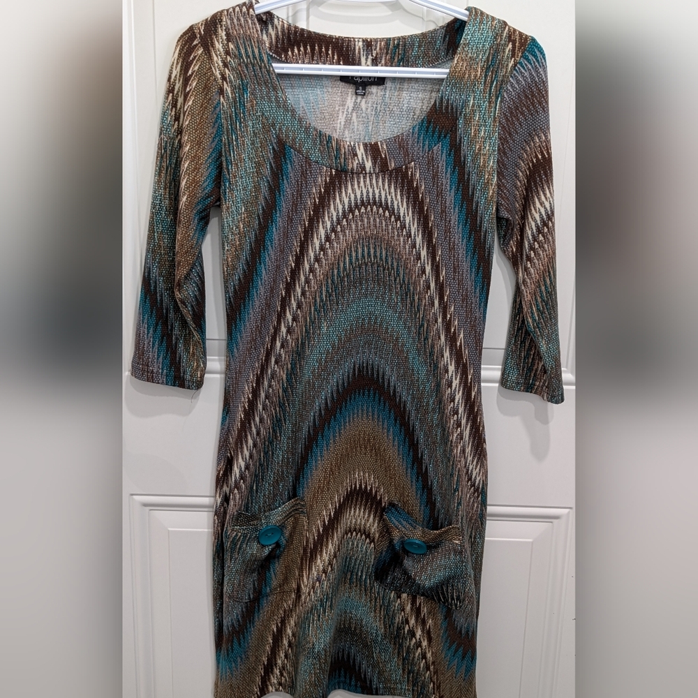 3/$20 Papillon Blanc Blue Brown Sheath Dress Scoop Neck 3/4 Sleeve